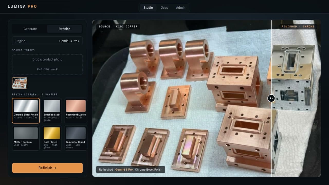 Lumina Pro before-and-after slider: raw C101 copper parts on the left, the same parts rendered in a chrome finish on the right